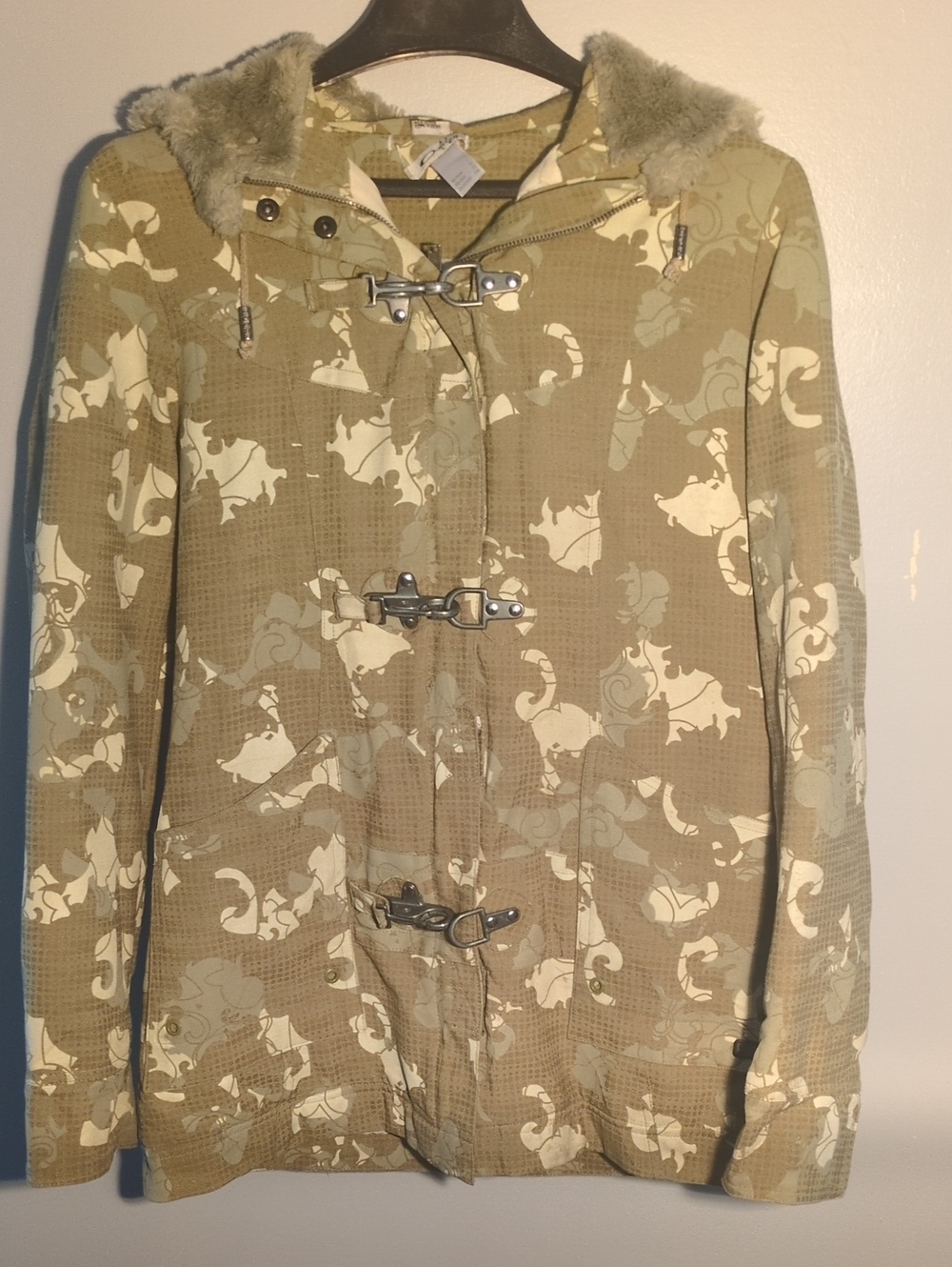 Oakley Olive and Cream Printed Hooded Trench Coat